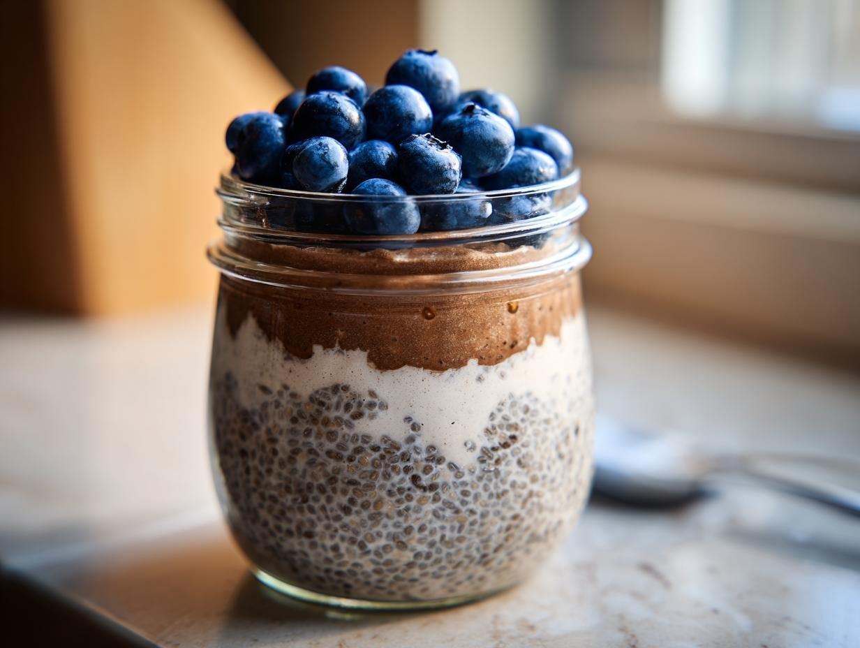 Geschichteter Cremiger Chia-Pudding mit Blaubeeren als Topping in einem Einmachglas.