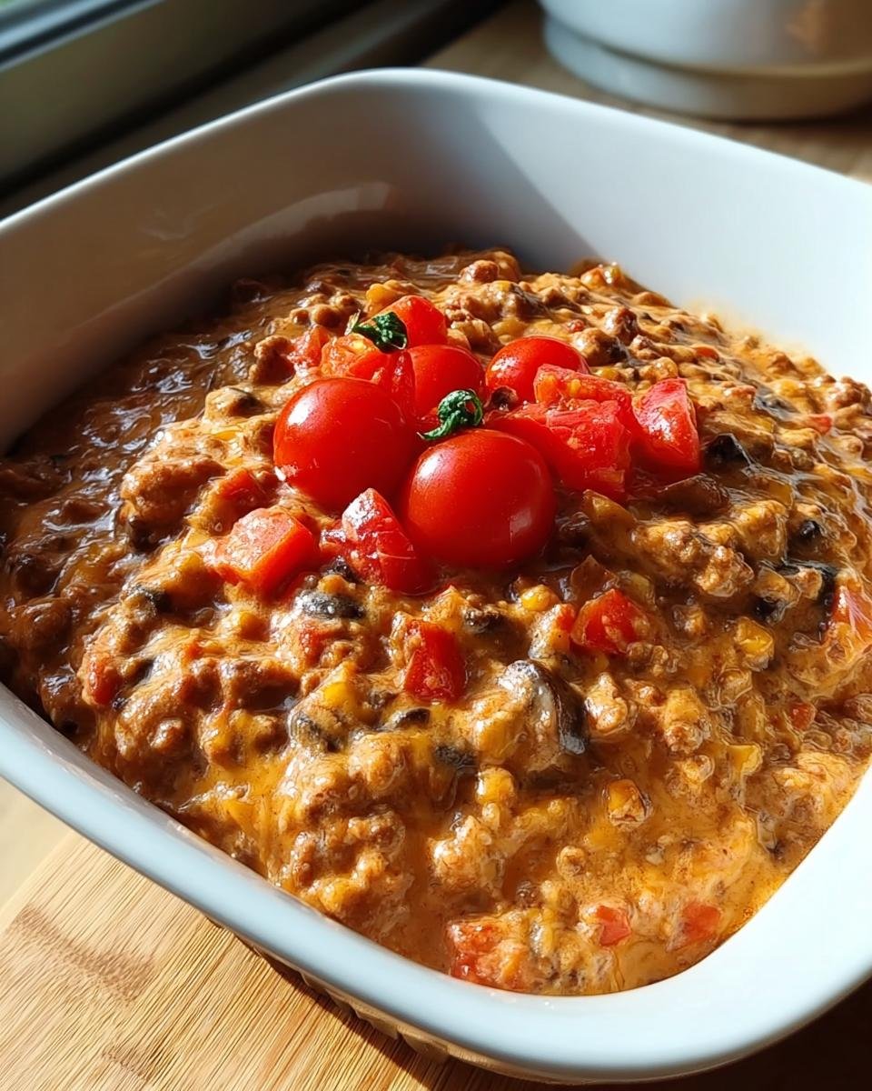 Nahaufnahme eines cremigen Mafia Topf Gerichts in einer weißen Schale, garniert mit frischen Kirschtomaten.