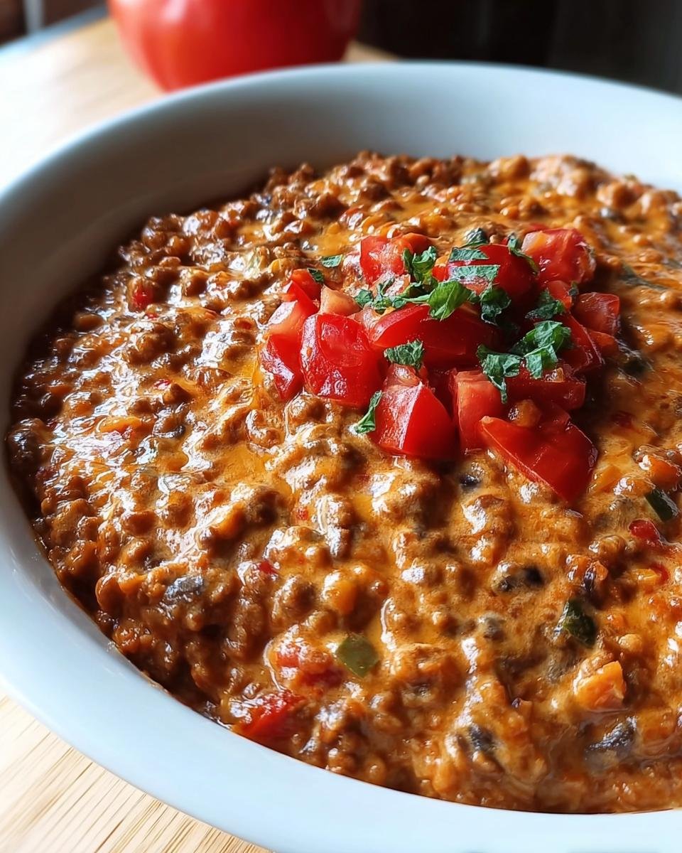 Nahaufnahme eines cremigen Mafia Topf Gerichts mit Hackfleischsauce, garniert mit gewürfelten Tomaten und Petersilie.