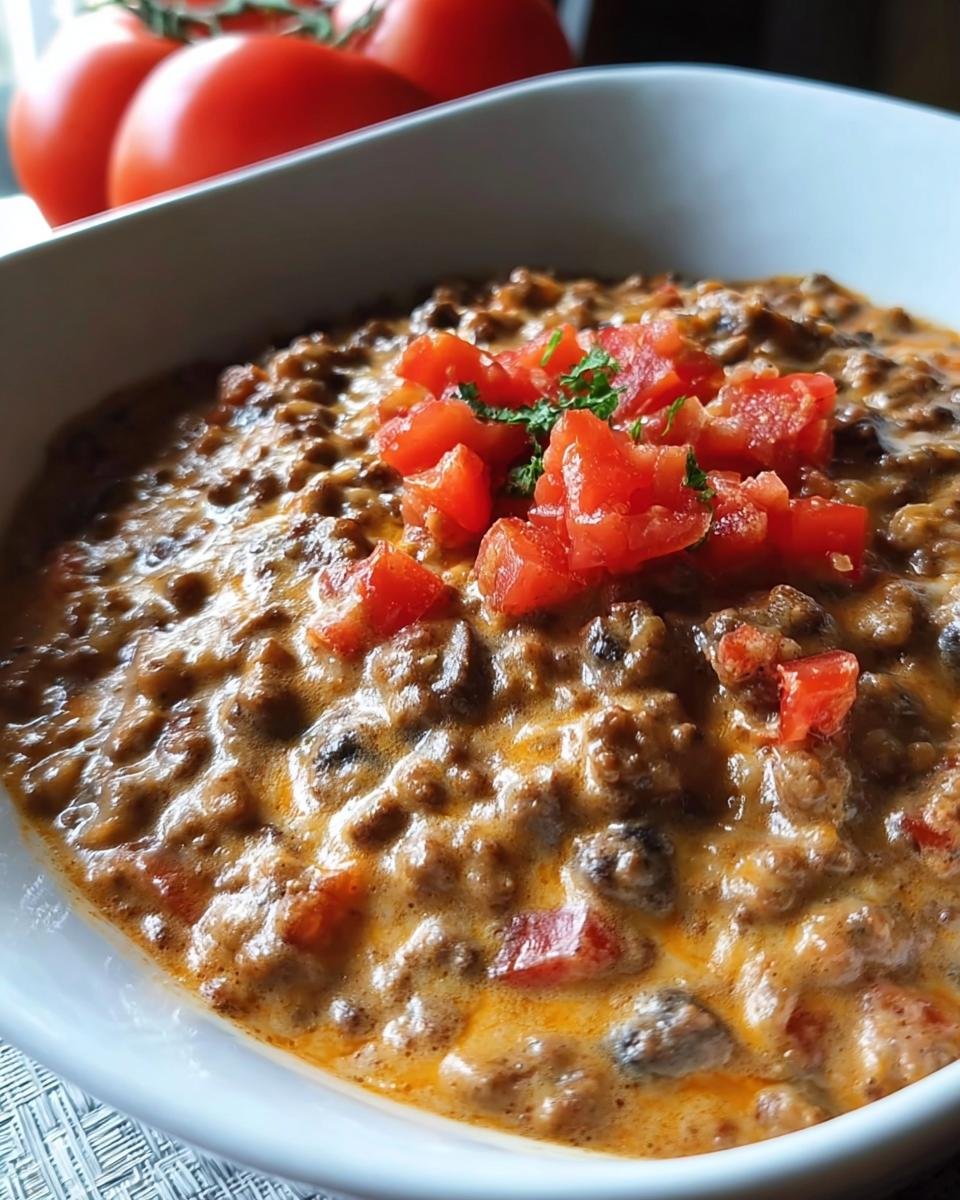 Nahaufnahme eines cremigen Mafia Topf Gerichts mit Hackfleisch und Käsesauce, garniert mit gewürfelten Tomaten.