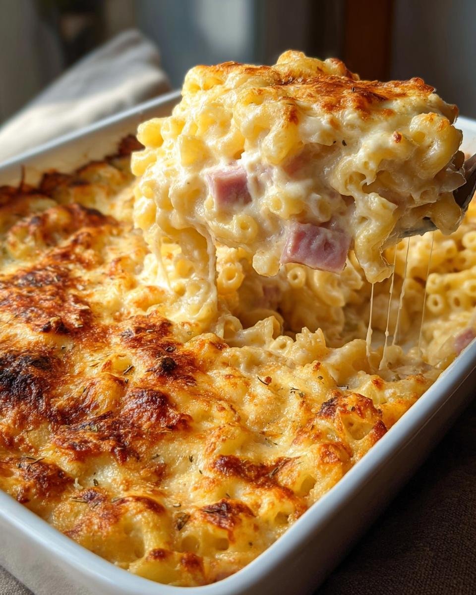 Ein Löffel schöpft eine cremige Portion Cremiger Nudelauflauf mit Schinken aus einer Auflaufform mit goldbrauner Kruste.