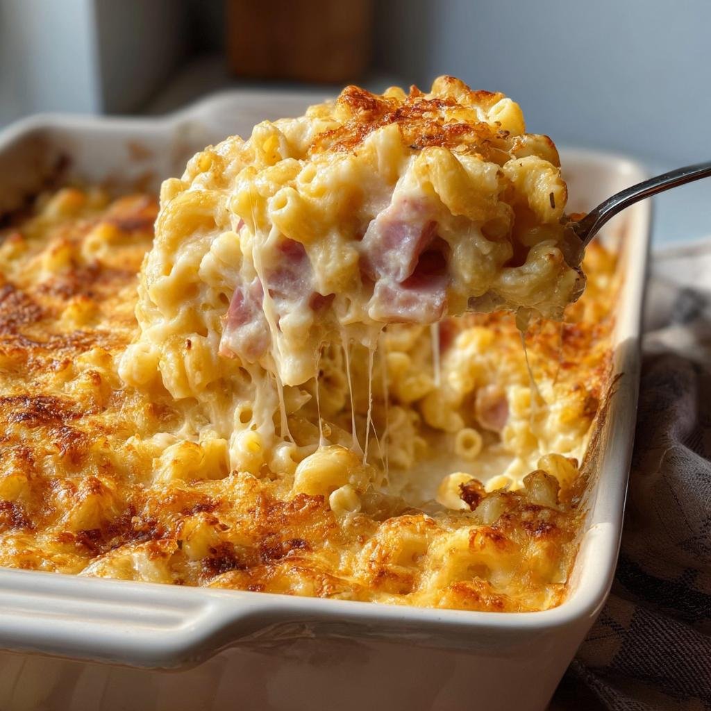 Ein Löffel voller Cremiger Nudelauflauf mit Schinken zeigt lange, gezogene Käsefäden aus der Auflaufform.