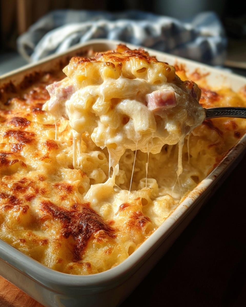 Ein Löffel voller Cremiger Nudelauflauf mit Schinken, der lange Käsefäden zieht.
