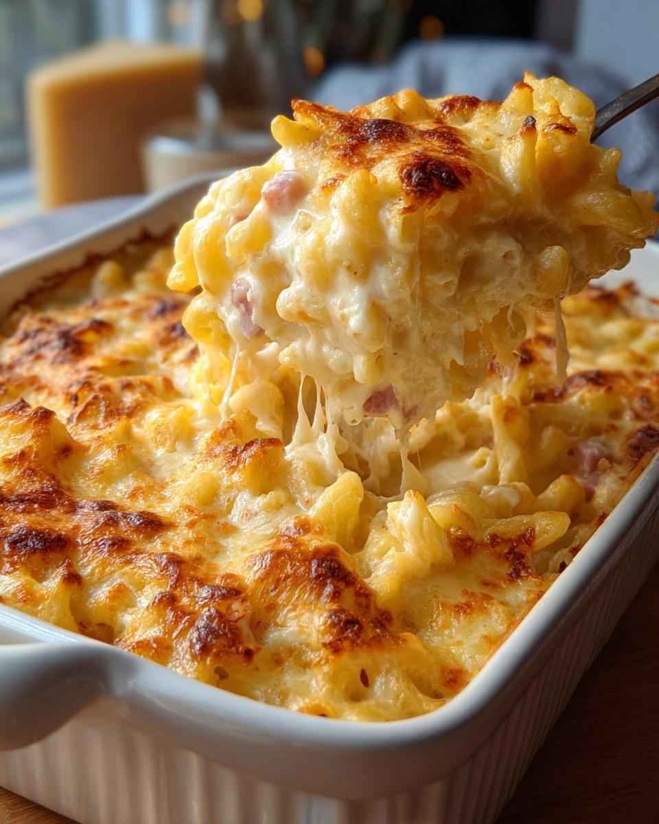 Ein Löffel voller Cremiger Nudelauflauf mit Schinken wird aus einer Auflaufform gehoben, mit geschmolzenem Käse.
