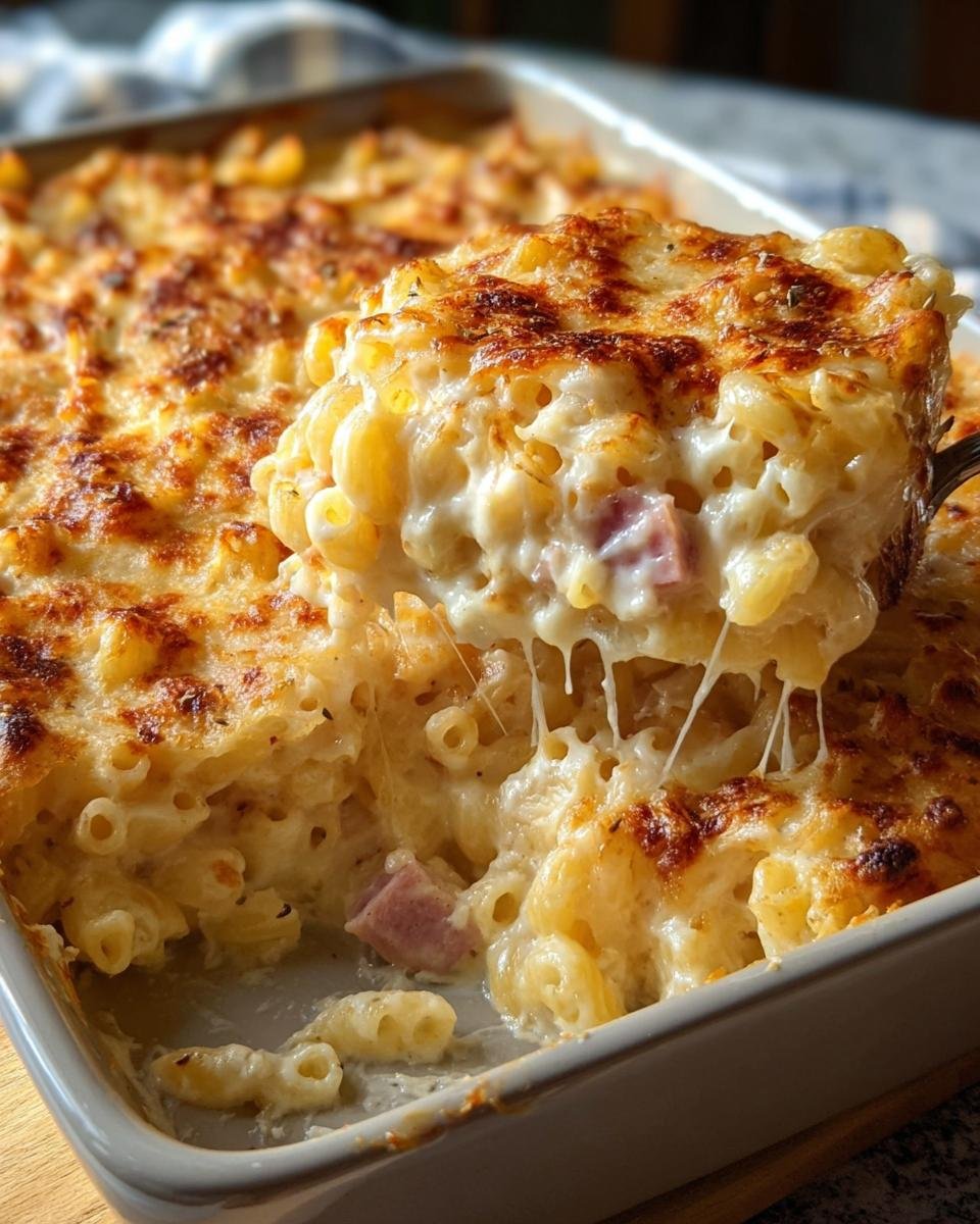 Eine Portion Cremiger Nudelauflauf mit Schinken wird aus der Auflaufform gehoben, mit viel geschmolzenem Käse.