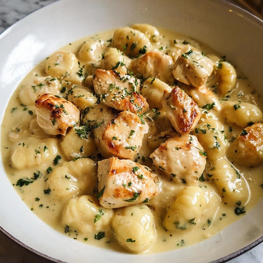 Nahaufnahme von Cremiges Hähnchen Gnocchi in einer cremigen, hellgelben Soße, garniert mit Petersilie.