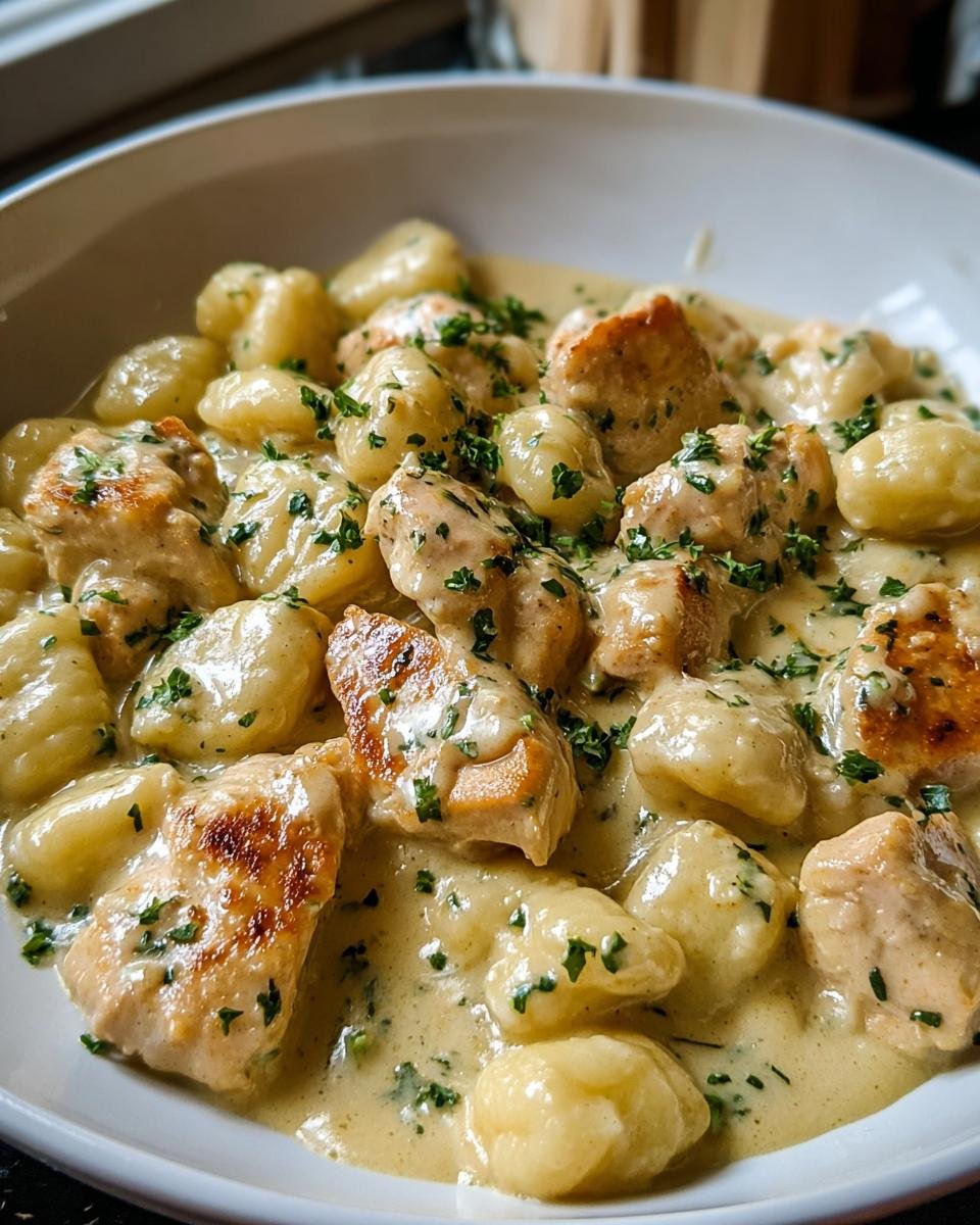 Nahaufnahme von Cremiges Hähnchen Gnocchi in einer hellgelben, cremigen Soße, garniert mit Petersilie.