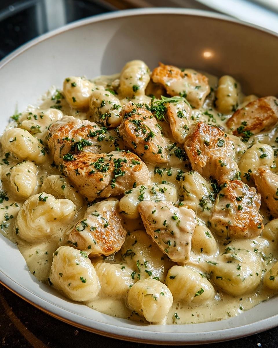 Nahaufnahme von Cremiges Hähnchen Gnocchi in einer reichhaltigen, cremigen Sauce, garniert mit Petersilie.