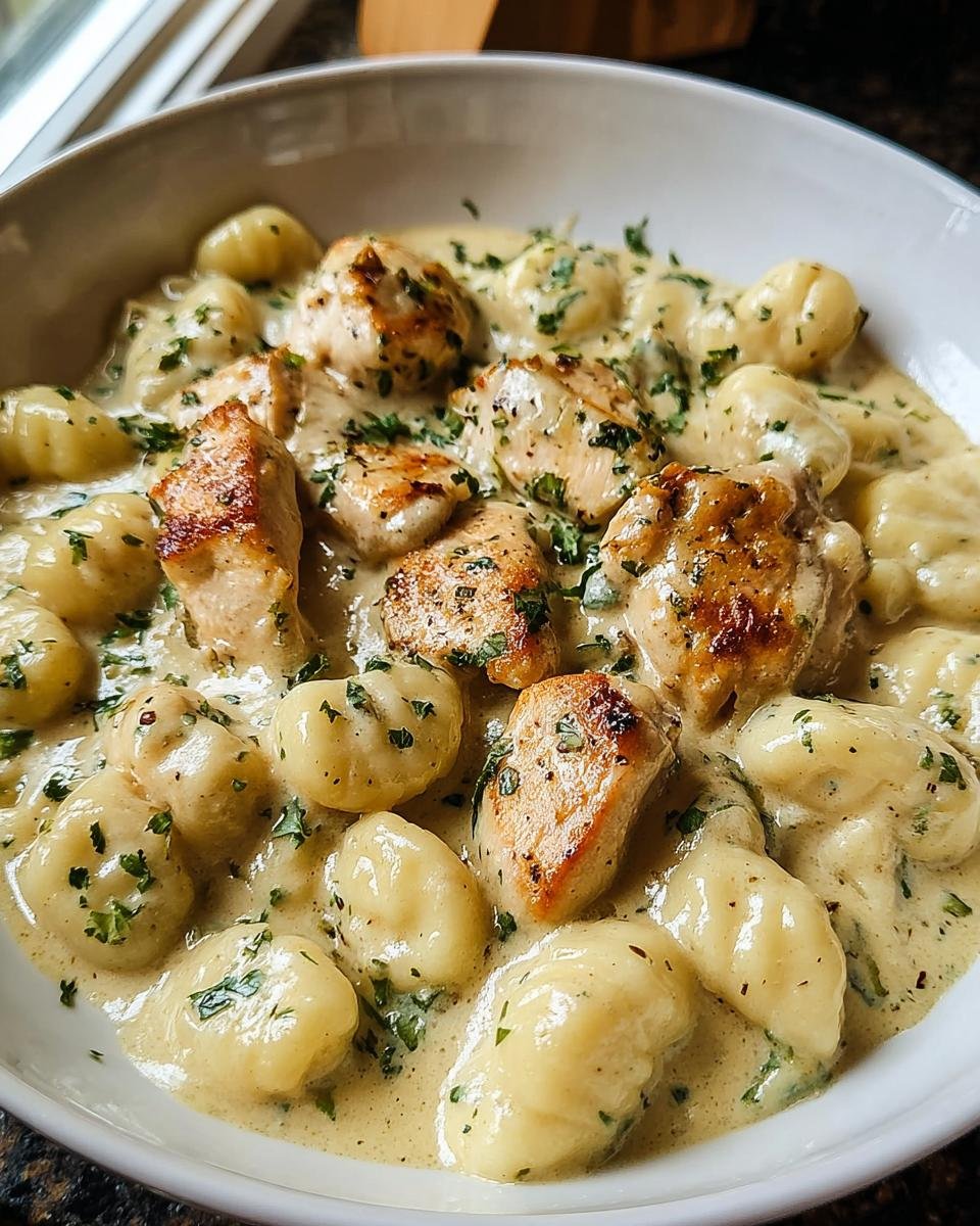 Nahaufnahme von Cremiges Hähnchen Gnocchi in einer cremigen, hellgelben Soße, garniert mit Petersilie.