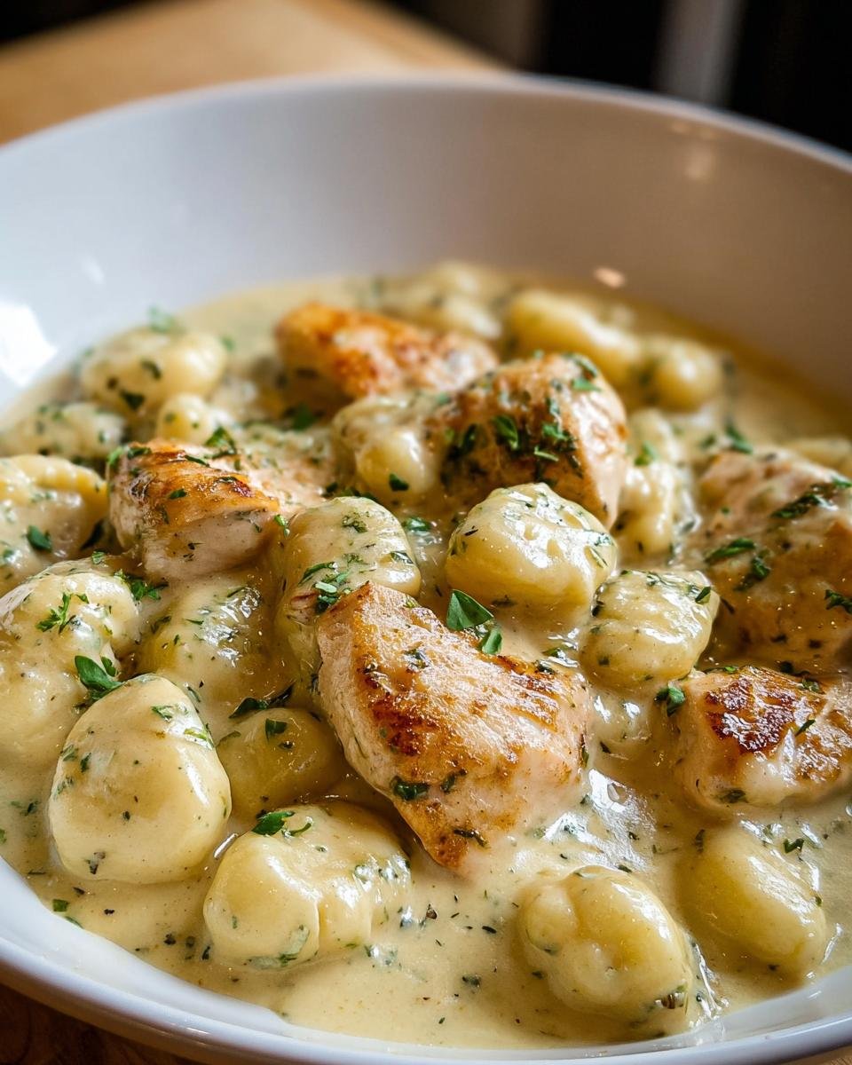 Nahaufnahme von Cremiges Hähnchen Gnocchi in einer cremigen, hellgelben Soße, garniert mit Kräutern.