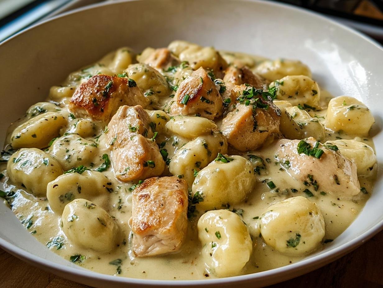 Nahaufnahme von Cremiges Hähnchen Gnocchi in einer cremigen, hellgelben Soße, garniert mit frischen Kräutern.