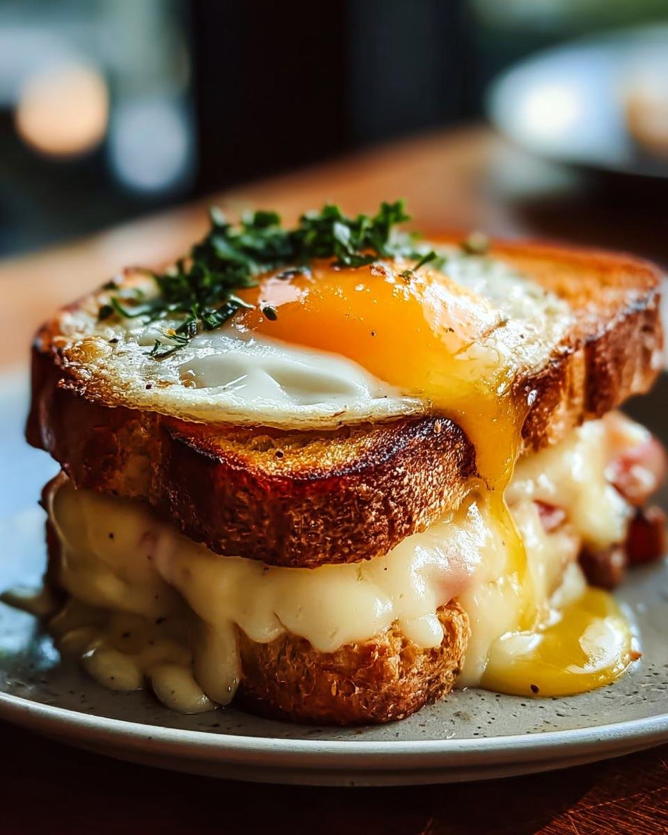 Ein üppiges Croque Madame mit geschmolzenem Käse, knusprigem Toast und einem Spiegelei mit flüssigem Eigelb als geniale Croque Madame Frühstücksidee.
