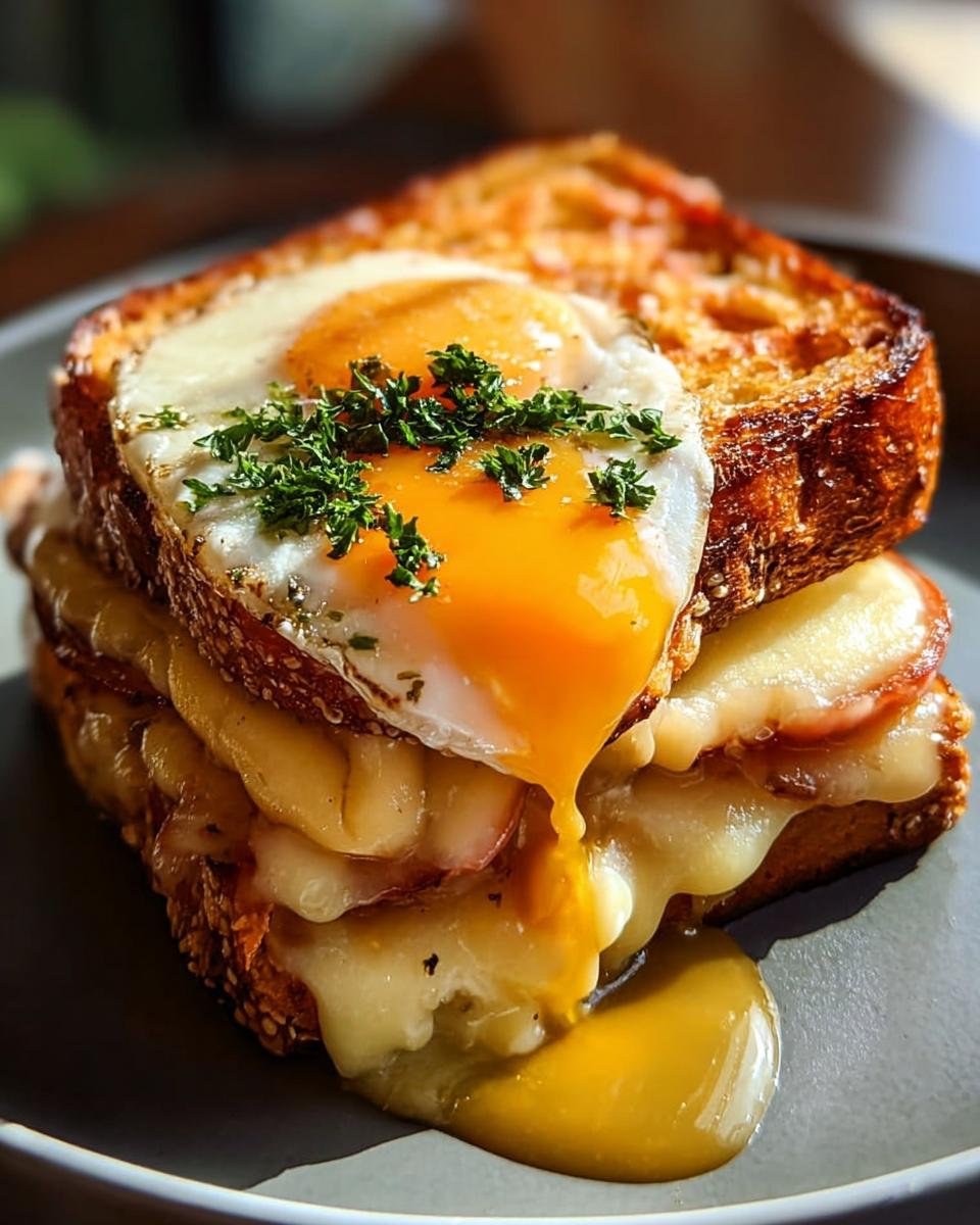 Nahaufnahme eines Croque Madame Frühstücksidee mit geschmolzenem Käse und einem Spiegelei, dessen Eigelb über den Rand läuft.