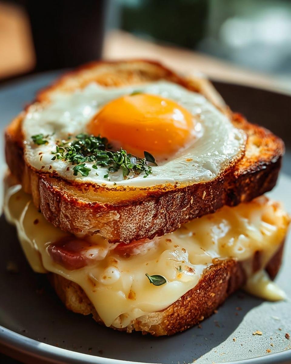 Nahaufnahme eines Croque Madame Frühstücksidee mit geschmolzenem Käse, Schinken und einem Spiegelei obenauf.