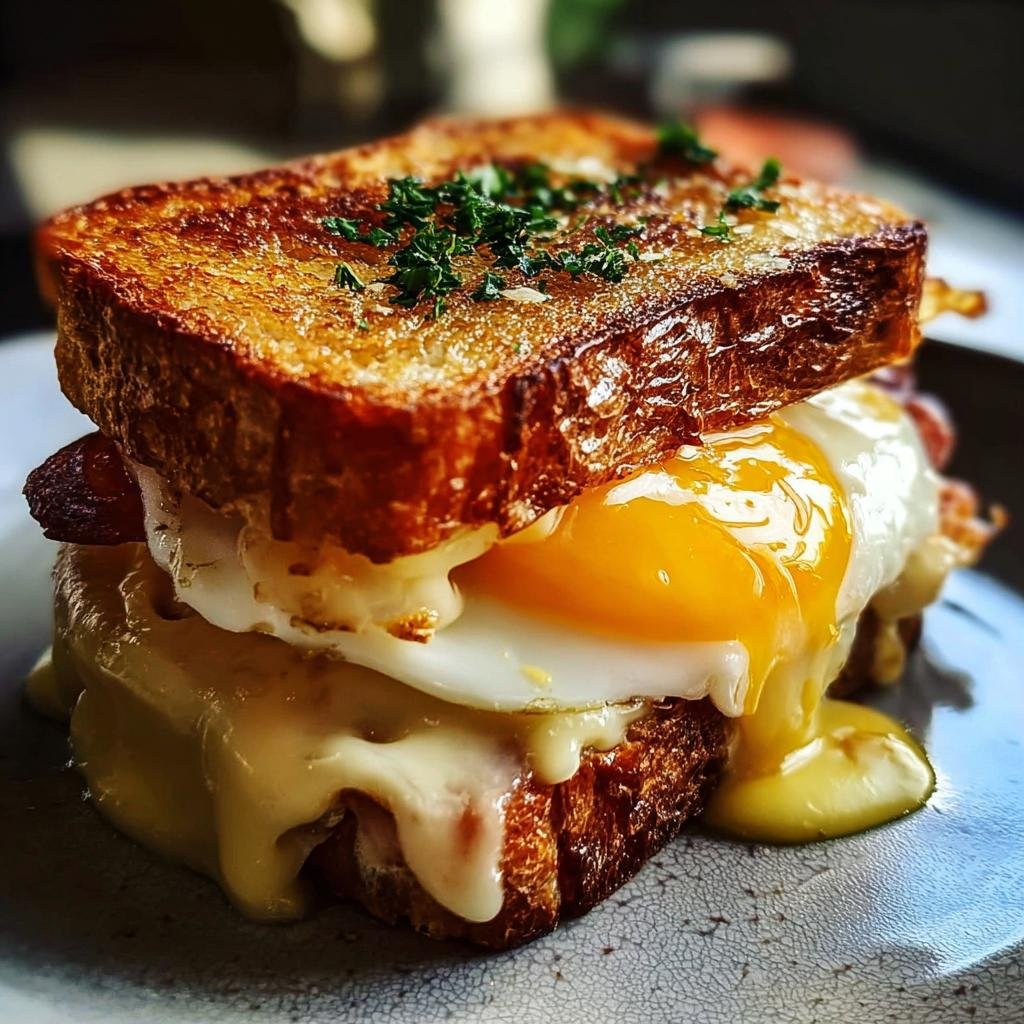 Nahaufnahme eines Croque Madame Frühstücksidee mit goldbraunem Toast, geschmolzenem Käse und einem Spiegelei mit flüssigem Eigelb.