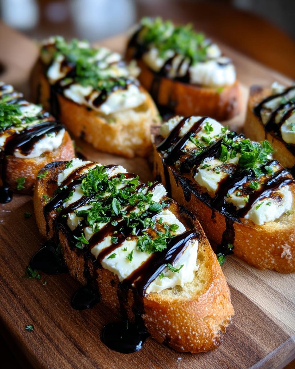 Mehrere fertige Crostini mit Parmesancreme, Balsamico-Glasur und Petersilie auf einem Holzbrett.