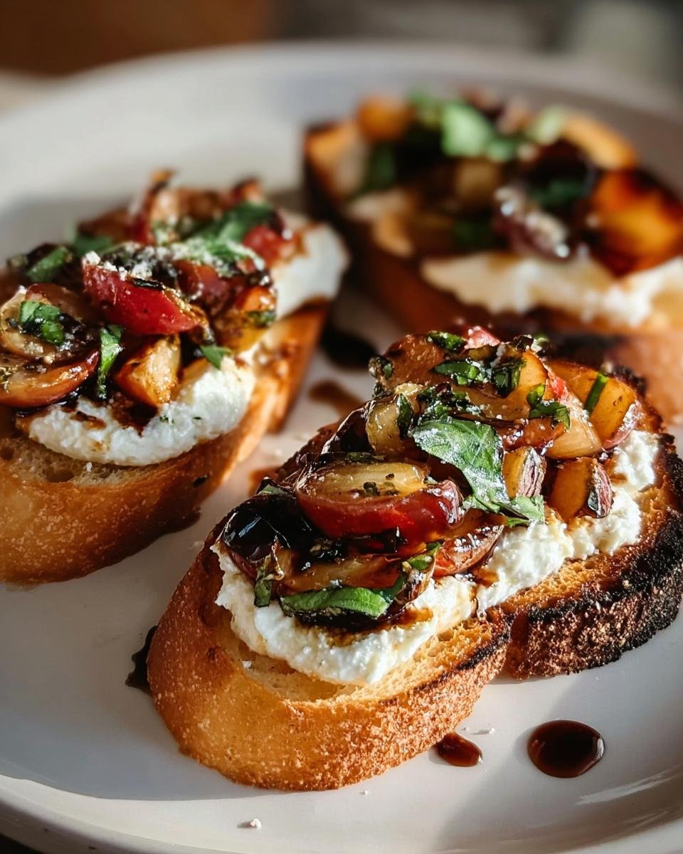 Drei fertige Crostini mit Parmesancreme, karamellisierten Tomaten und Balsamico-Glasur.