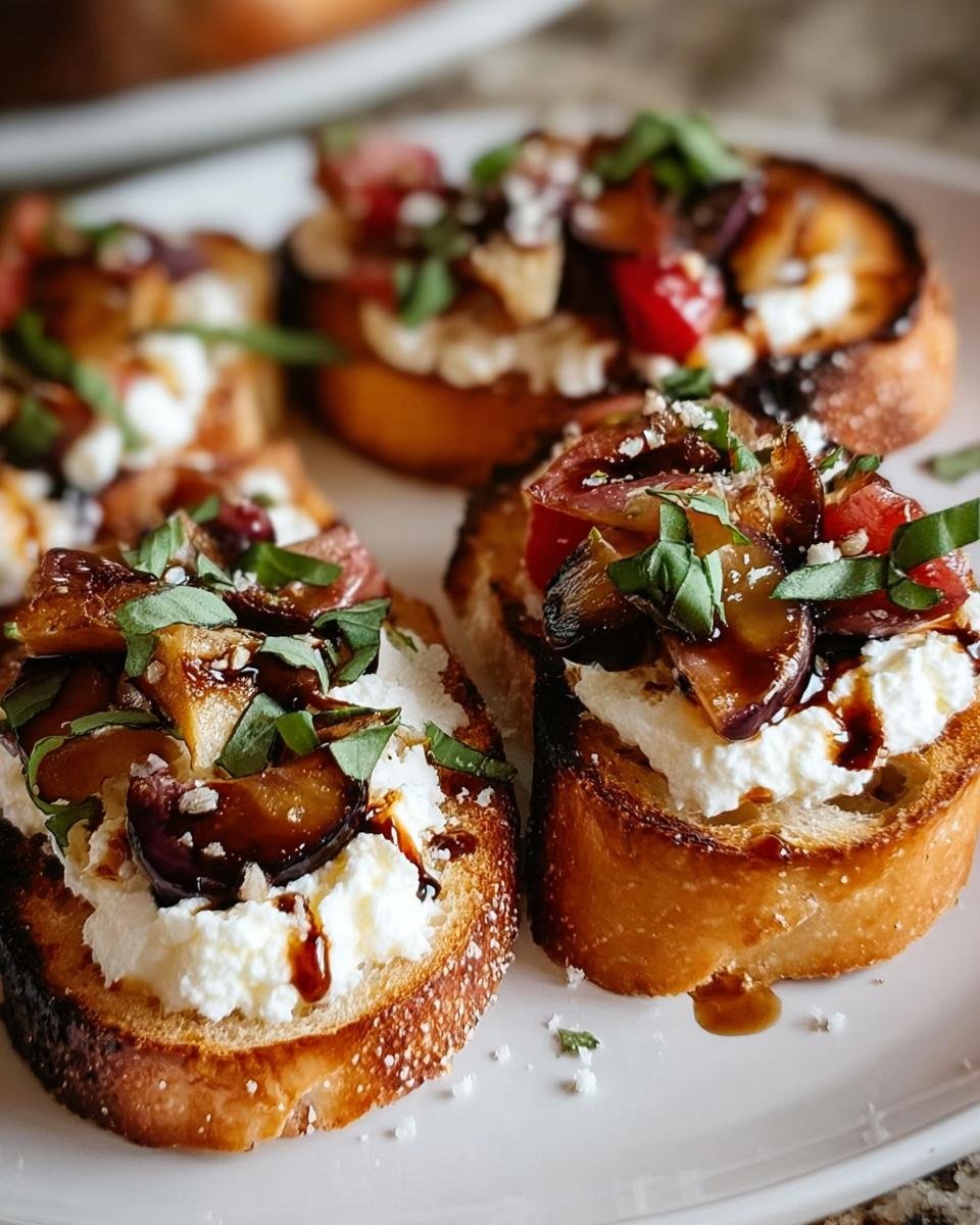 Nahaufnahme von mehreren Crostini mit Parmesancreme, dunklen Früchten (möglicherweise Pflaumen) und Balsamico-Glasur.