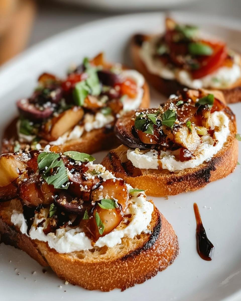 Vier geröstete Crostini mit Parmesancreme, karamellisierten Früchten und Balsamico-Glasur, perfekt als Snack.