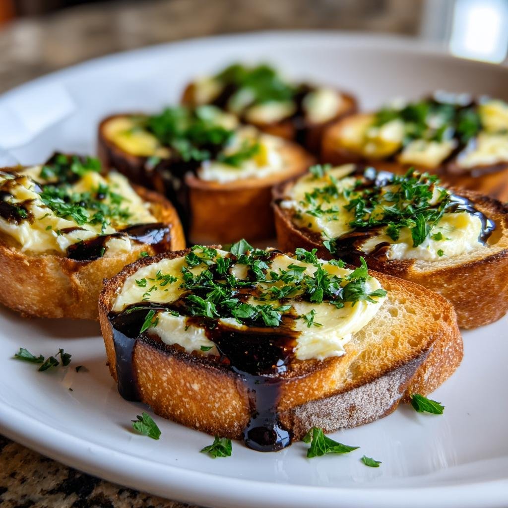 Nahaufnahme von Crostini mit Parmesancreme, Balsamico-Glasur und frischer Petersilie.