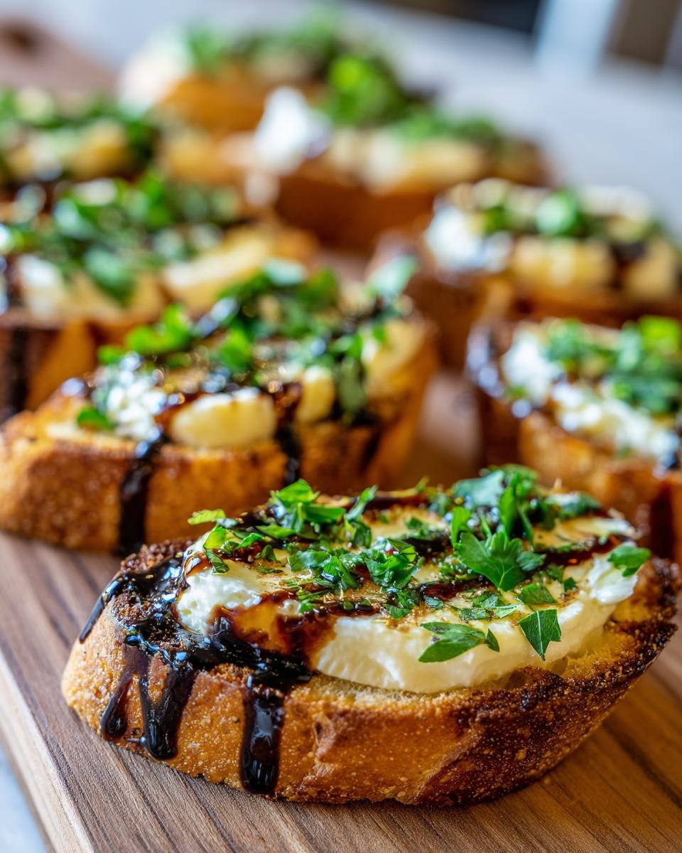 Nahaufnahme von Crostini mit Parmesancreme, Balsamico-Glasur und frischer Petersilie, ein perfekter Snack.