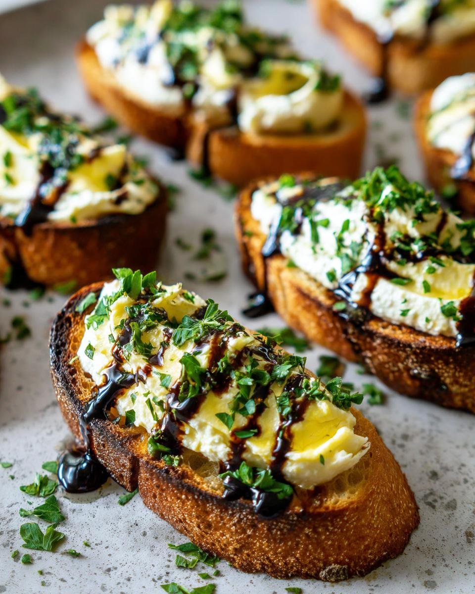 Nahaufnahme von knusprigen Crostini mit Parmesancreme, Balsamico-Glasur und frischer Petersilie.