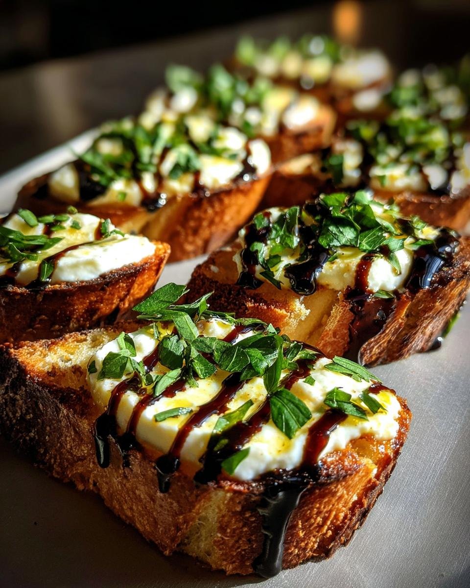 Mehrere fertige Crostini mit Parmesancreme, Balsamico-Glasur und frischen Kräutern als perfekter Snack.