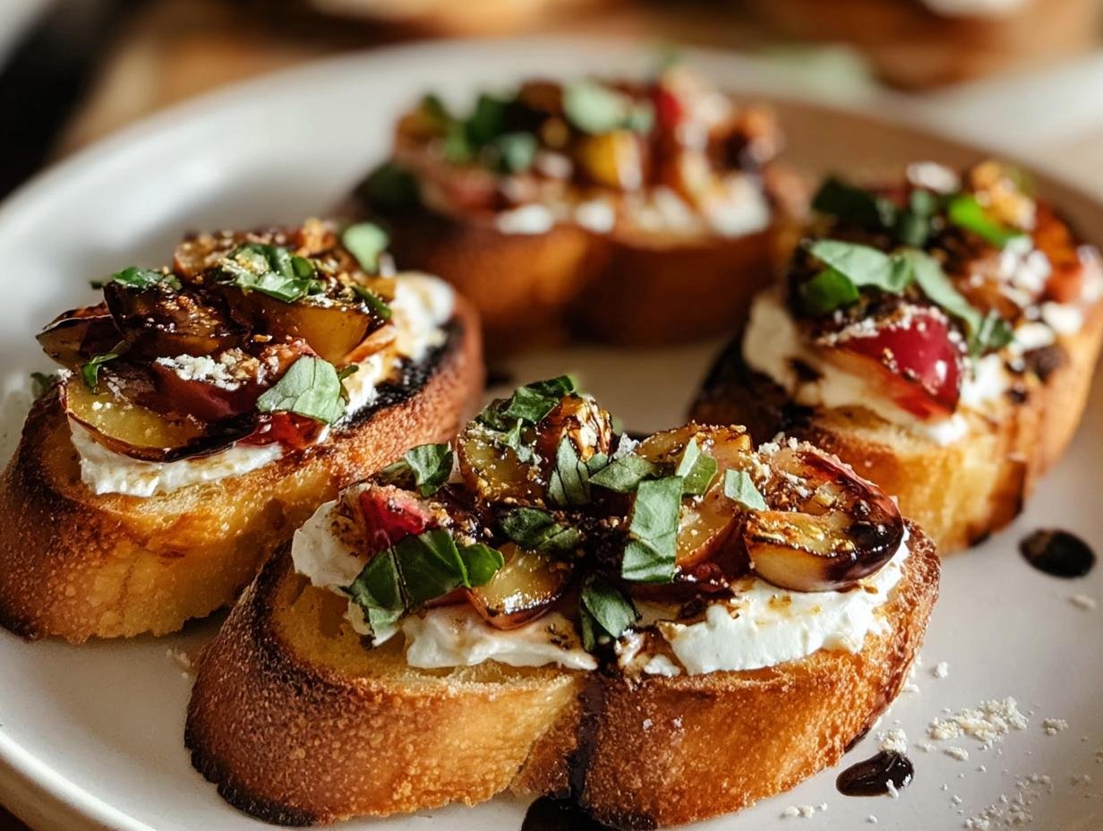 Nahaufnahme von vier köstlichen Crostini mit Parmesancreme, karamellisierten Früchten und Balsamico-Reduktion.