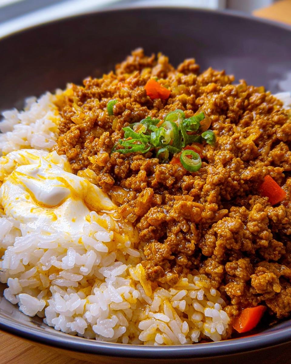 Nahaufnahme von Curryreis mit Hackfleisch, serviert mit weißem Reis und einem Klecks saurer Sahne.