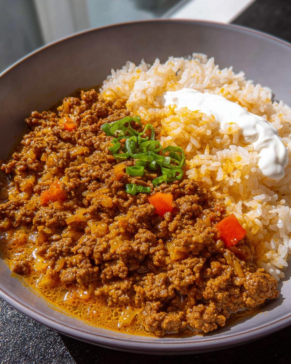 Nahaufnahme von Curryreis mit Hackfleisch, garniert mit Schmand und Frühlingszwiebeln.