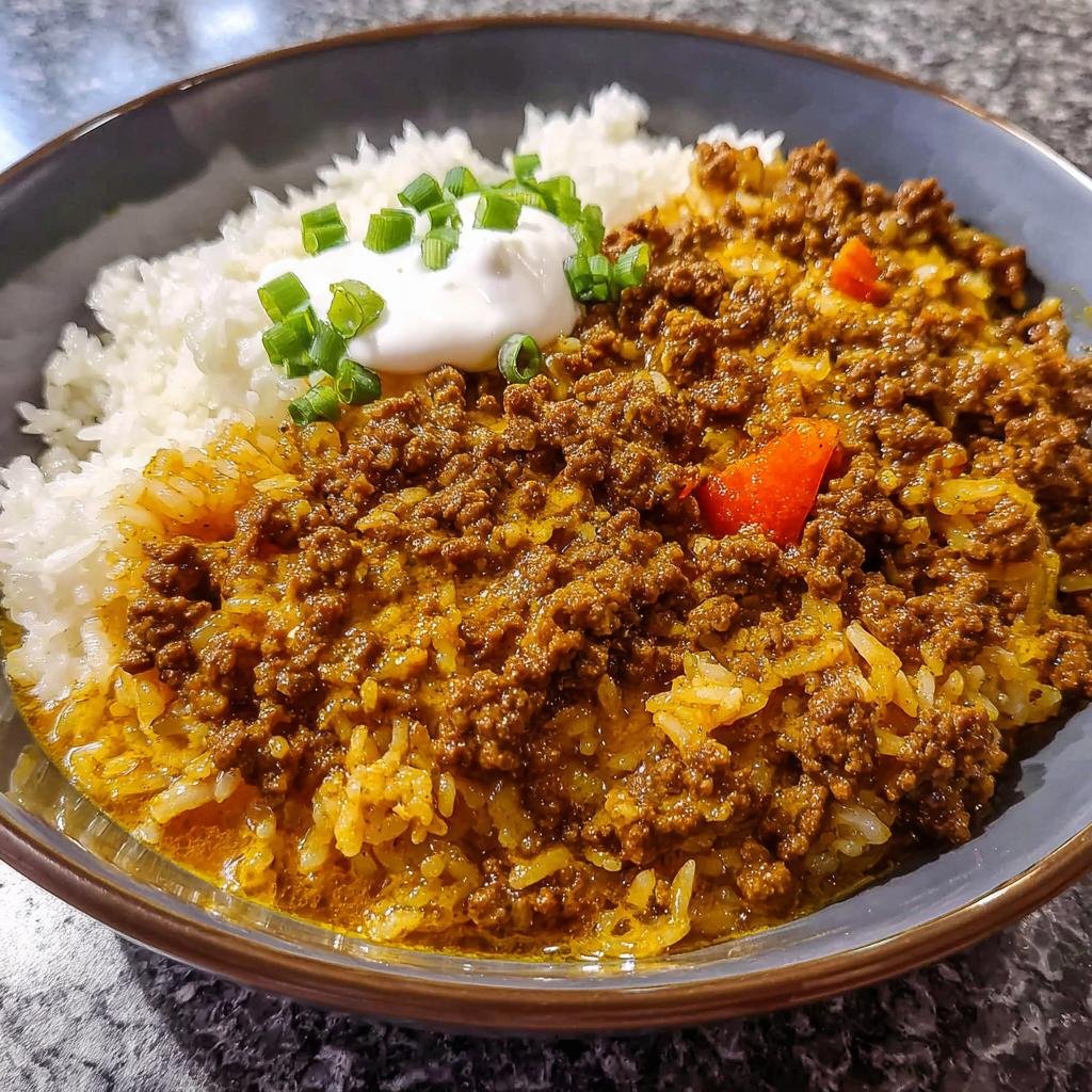 Nahaufnahme von Curryreis mit Hackfleisch, serviert mit weißem Reis, einem Klecks saurer Sahne und Schnittlauch.
