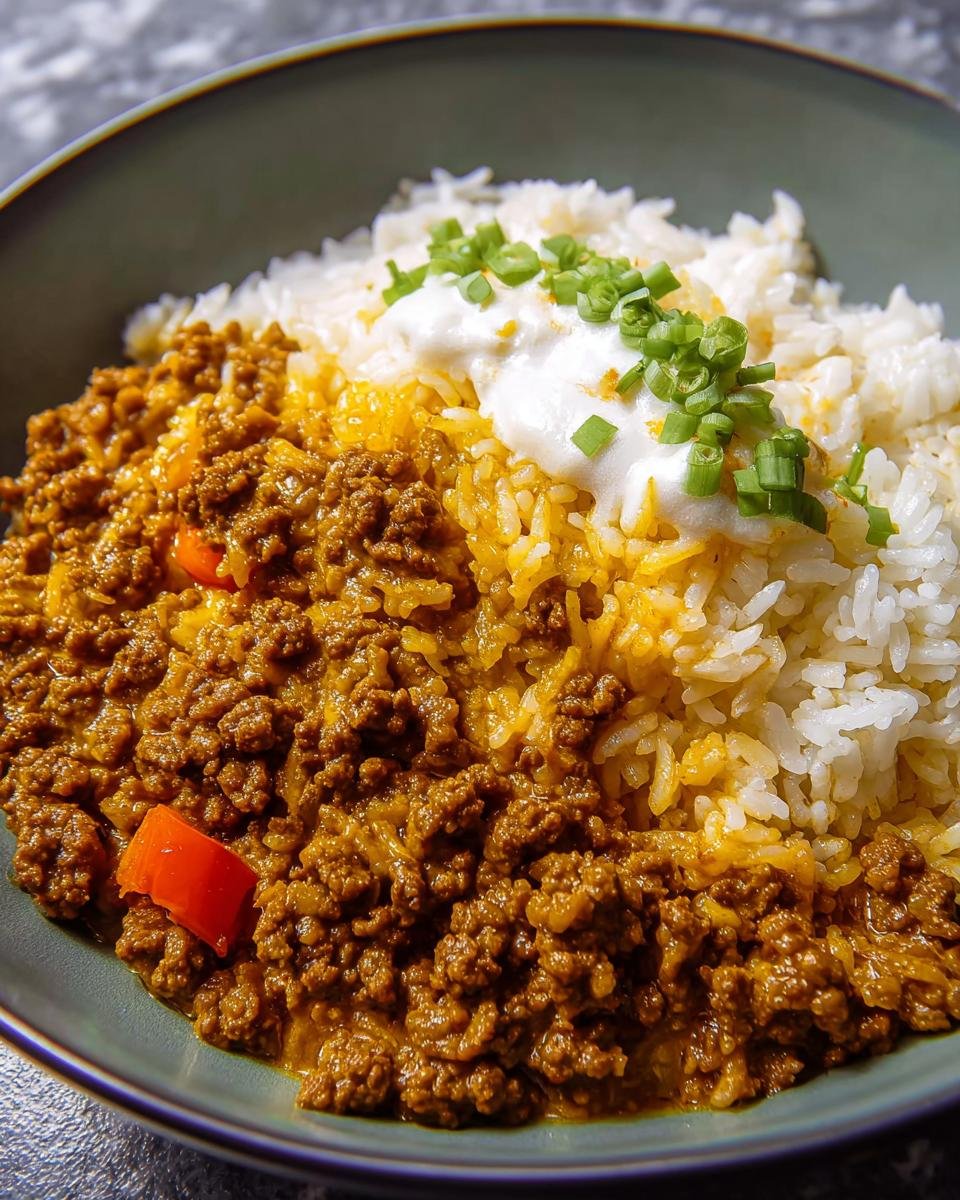 Nahaufnahme von Curryreis mit Hackfleisch, serviert mit weißem Reis, einem Klecks saurer Sahne und Schnittlauch.