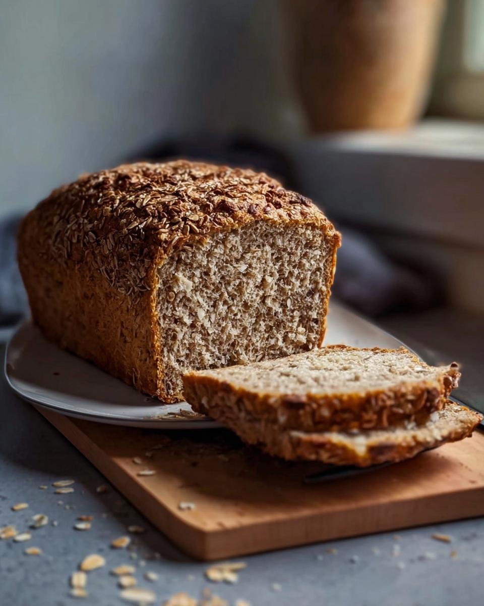 Angeschnittenes Dinkel Vollkornbrot mit einer Kruste aus Haferflocken auf einem Schneidebrett.