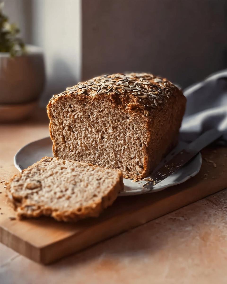 Ein Laib Dinkel Vollkornbrot, mit Sonnenblumenkernen bestreut, angeschnitten auf einem Holzbrett.
