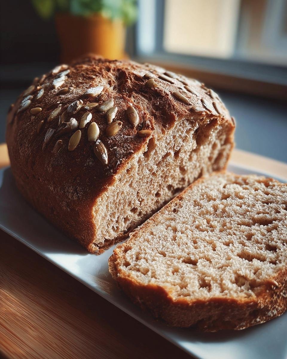Ein angeschnittenes Dinkel Vollkornbrot mit einer Scheibe auf einem weißen Teller, bestreut mit Sonnenblumenkernen.