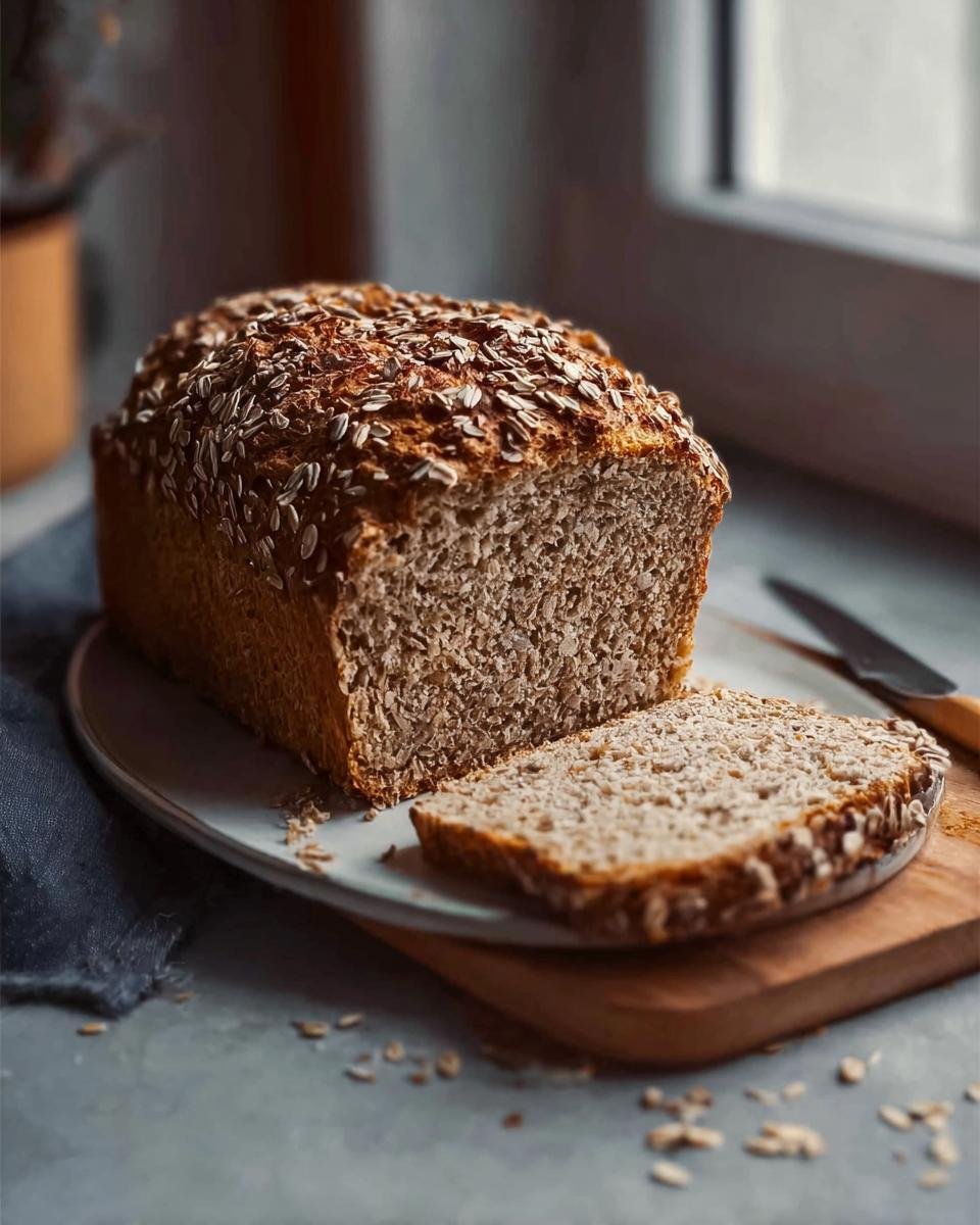 Ein Laib Dinkel Vollkornbrot, angeschnitten, mit Haferflocken auf der Kruste, bereit zum Servieren.