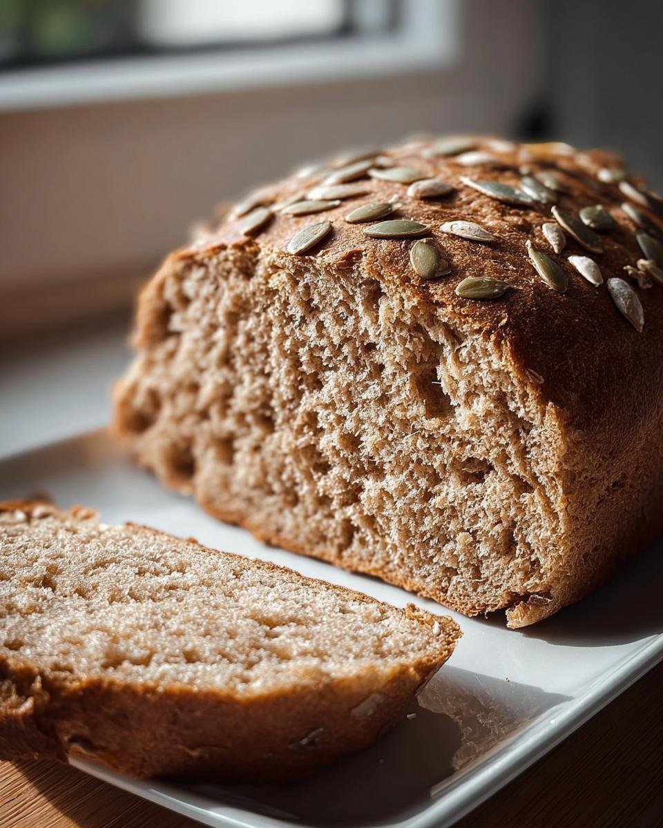 Aufgeschnittenes Dinkel Vollkornbrot mit einer Kruste voller Kürbiskerne, präsentiert auf einem weißen Teller.