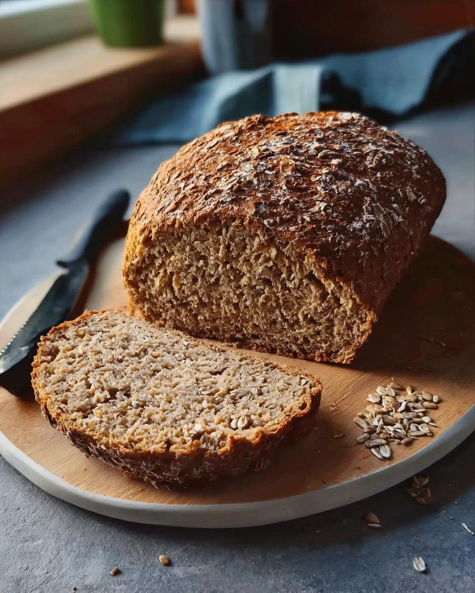 Ein Laib Dinkel Vollkornbrot mit einer Scheibe angeschnitten auf einem Holzbrett, bestreut mit Haferflocken.