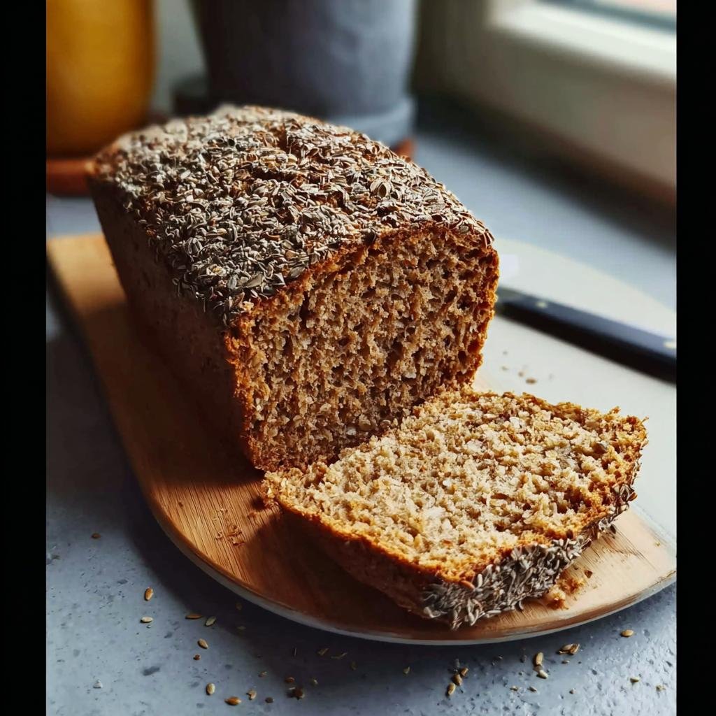 Ein Laib Dinkel Vollkornbrot, angeschnitten und mit Sonnenblumenkernen bestreut, auf einem Holzbrett.
