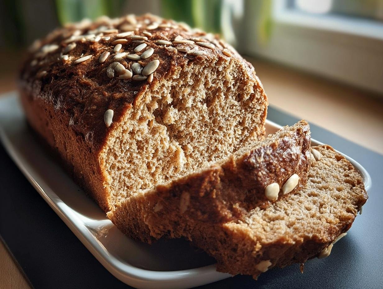 Aufgeschnittenes Dinkel Vollkornbrot mit einer Kruste voller Sonnenblumenkerne auf einem weißen Teller.
