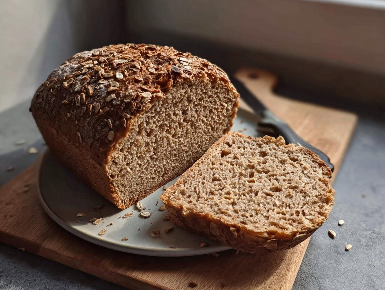 Ein Laib Dinkel Vollkornbrot, angeschnitten, liegt auf einem Teller mit Haferflocken bestreut.