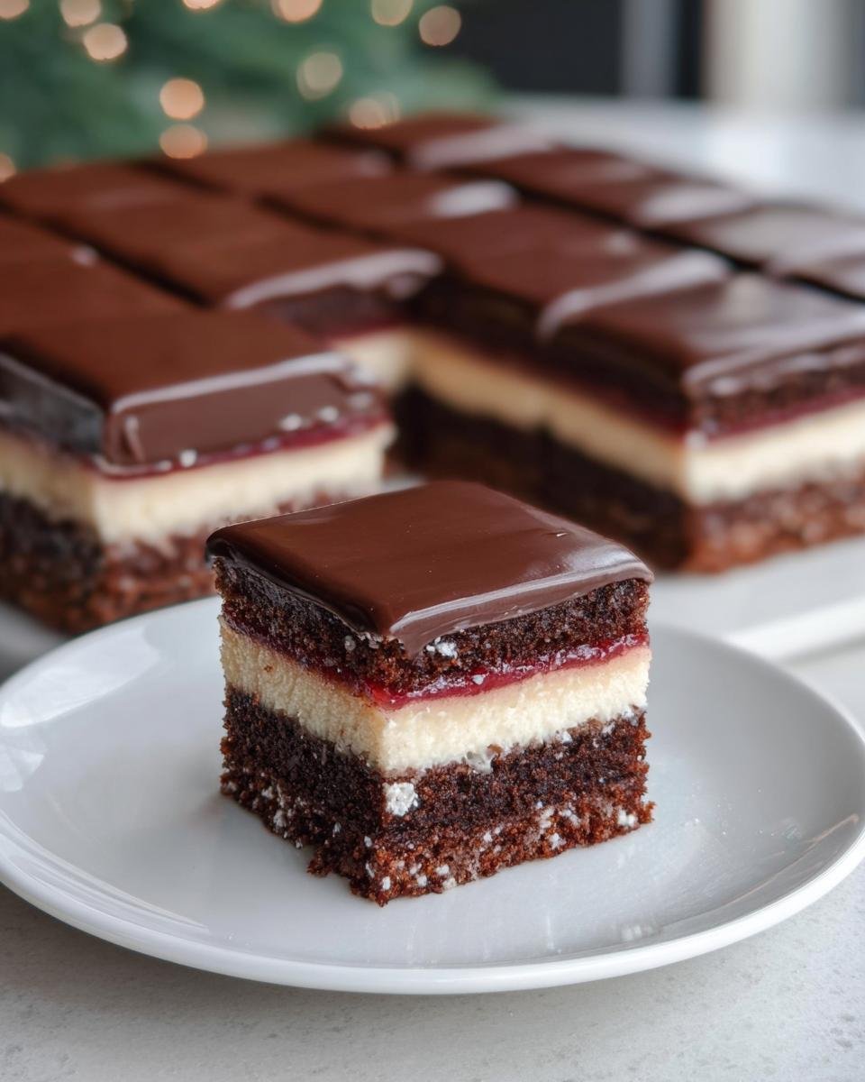 Ein Stück Dominostein Kuchen Blech auf einem weißen Teller mit Schokoladenglasur und drei Schichten.