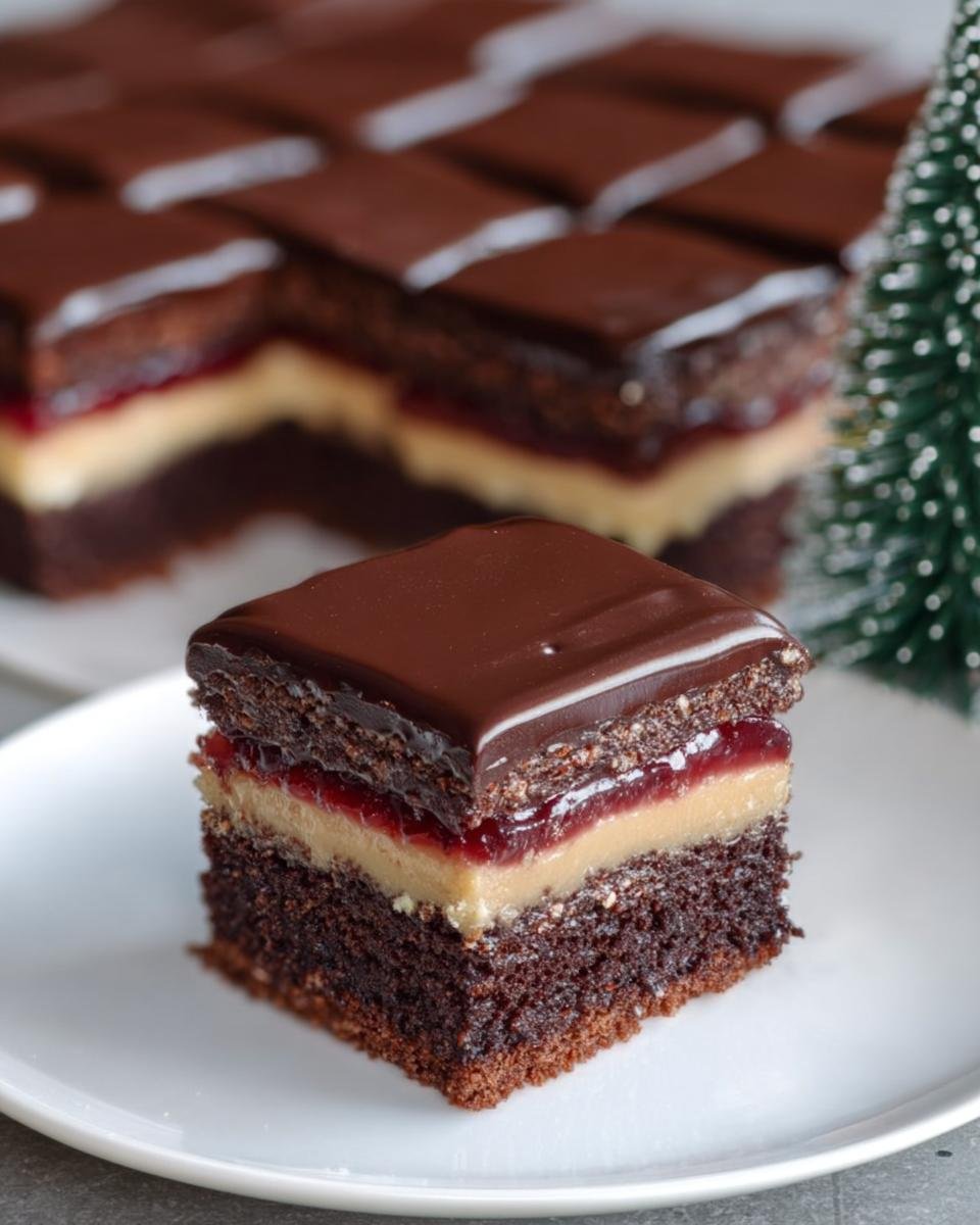 Ein angeschnittenes Stück Dominostein Kuchen mit Schichten aus Schokoladenboden, Marzipan und Marmelade, bedeckt mit dunkler Schokolade.