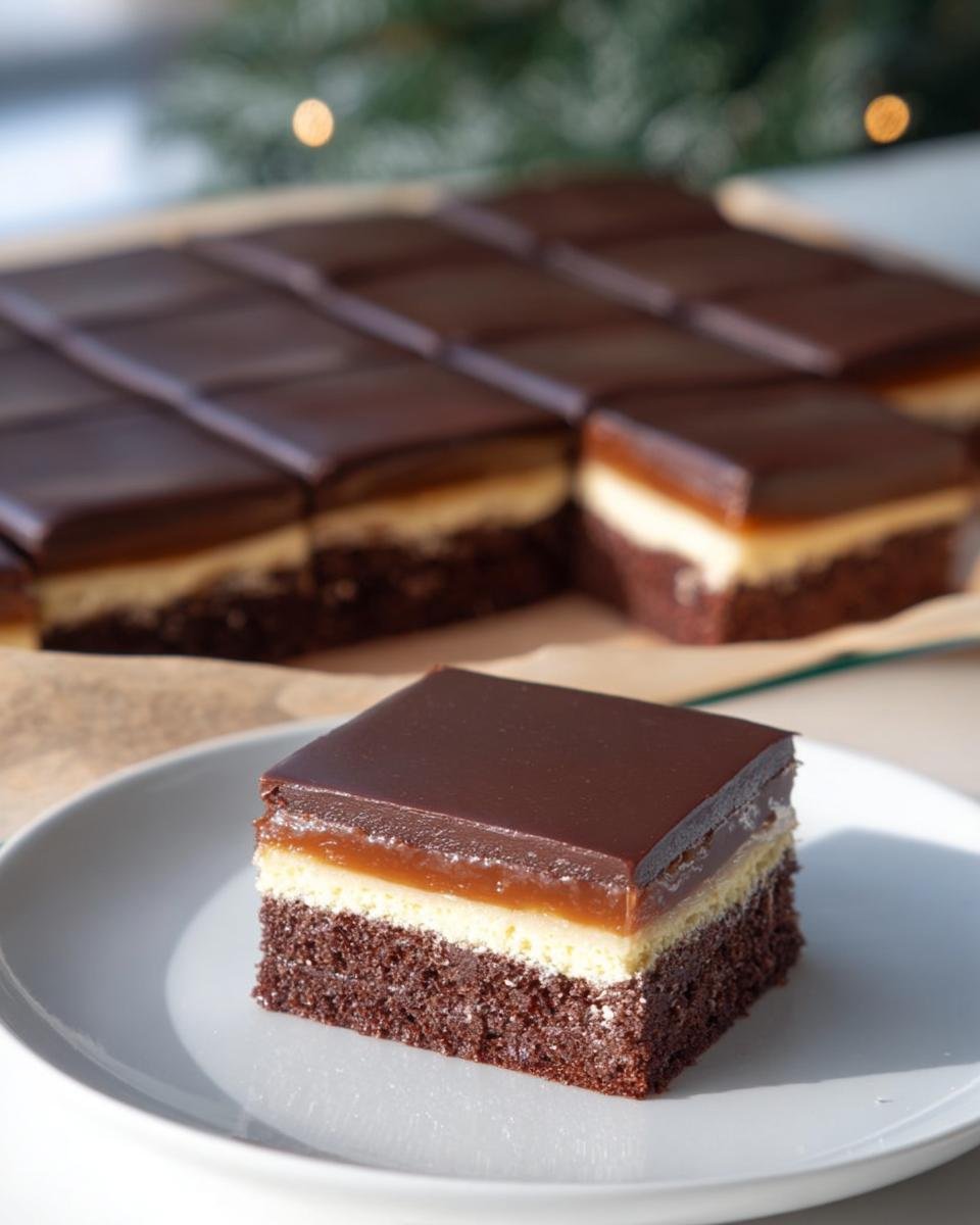 Ein einzelnes Stück Dominostein Kuchen mit Schokoladen-, Karamell- und Marzipanschicht auf einem Teller.