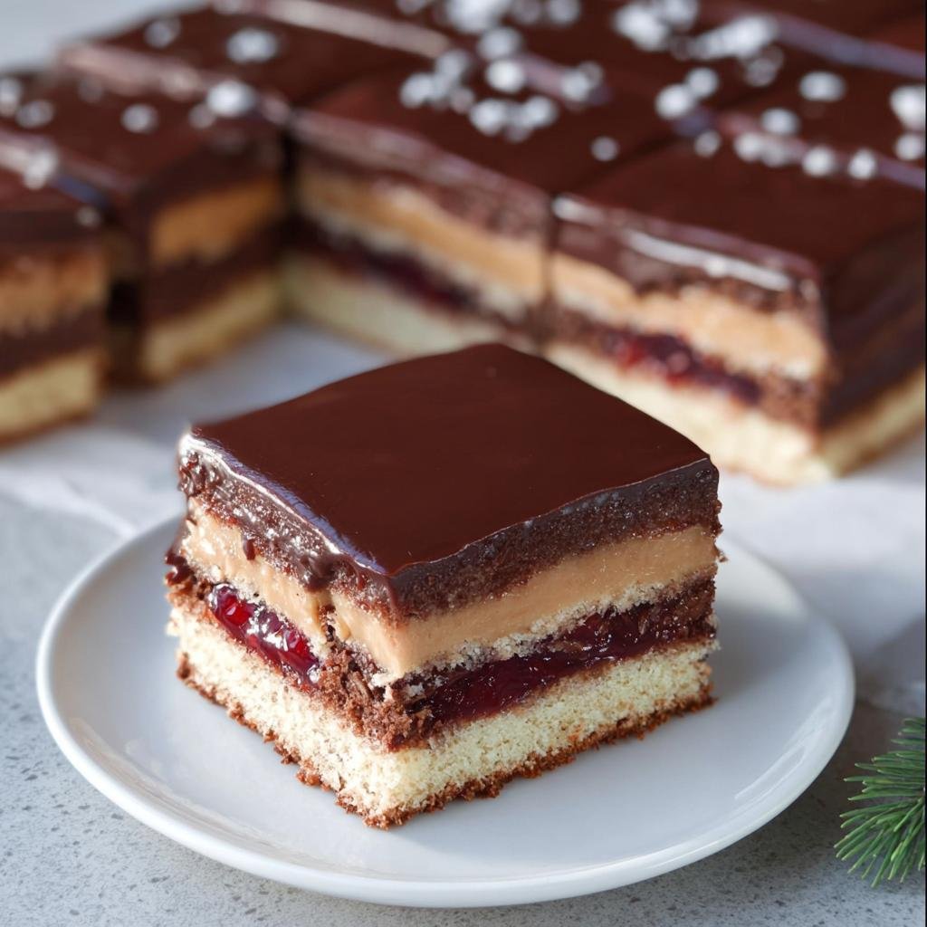 Ein Stück Dominostein Kuchen mit Schichten aus hellem und dunklem Teig, Marmelade und Karamellcreme, bedeckt mit glänzender Schokolade.