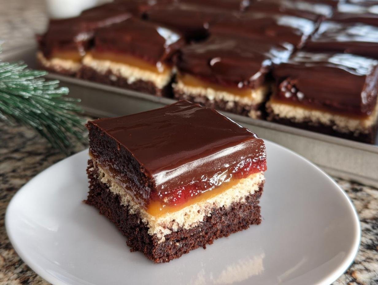 Ein einzelnes Stück Dominostein Kuchen mit Schichten aus Schokoladenboden, Marzipan, Marmelade und glänzender Schokoladenglasur.