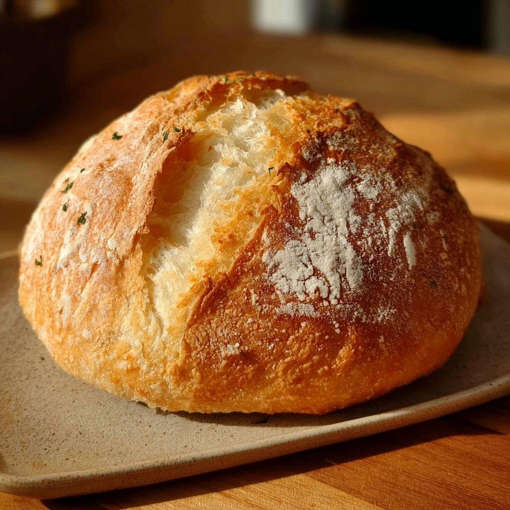 Ein goldbraun gebackenes Dumm Brot – Einfaches Rezept mit 7 Zutaten auf einem rustikalen Teller.