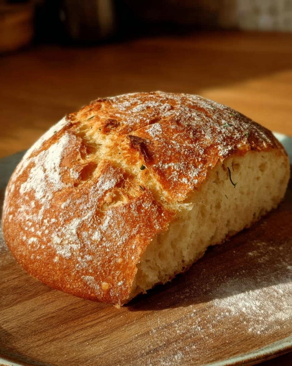 Ein Laib frisch gebackenes Dumm Brot mit goldbrauner Kruste und Puderzucker auf einem Holzbrett.