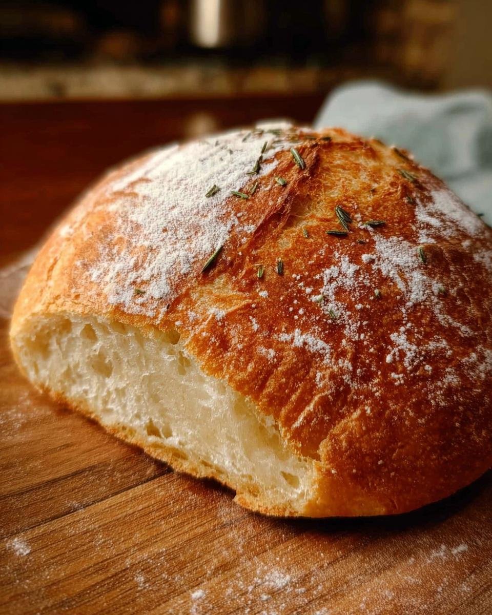 Anschnitt eines frisch gebackenen Dumm Brot mit goldbrauner Kruste, bestäubt mit Mehl und Rosmarin.