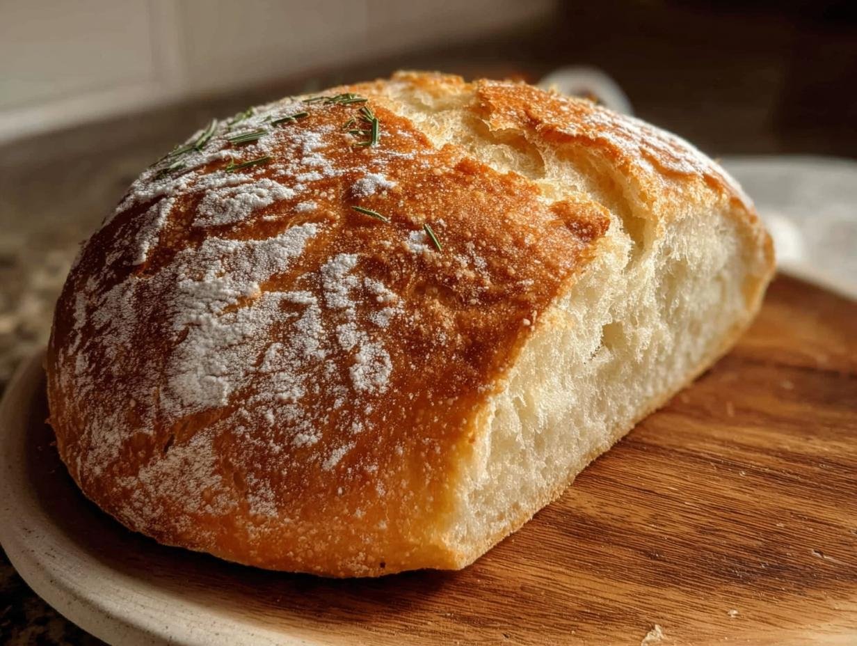 Angeschnittenes Dumm Brot mit knuspriger Kruste, bestäubt mit Mehl und Rosmarin.